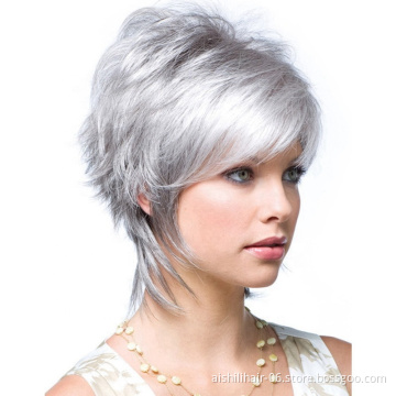 Synthetic hair silver gray color lolita wig short natural wave and kinky curly synthetic hair wigs for women
